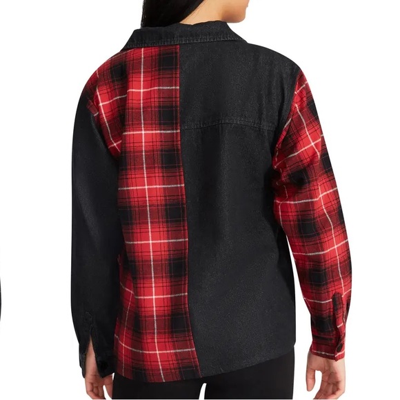 STEVE MADDEN GRUNGE RED AND BLACK BUTTON DOWN SHIRT JACKET DENIM/FLANNEL MIX PL… - Picture 8 of 12